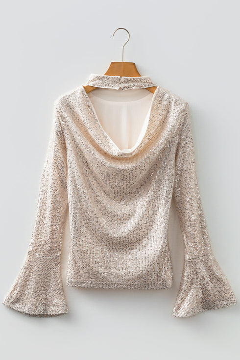 Sequin Mock Neck Open Back Bell Sleeve Top