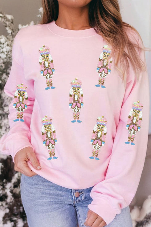 Sequin Nutcracker Allover Graphic Crewneck Holiday Sweatshirt