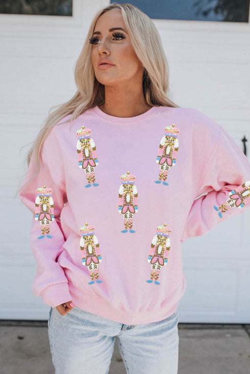 Sequin Nutcracker Allover Graphic Crewneck Holiday Sweatshirt