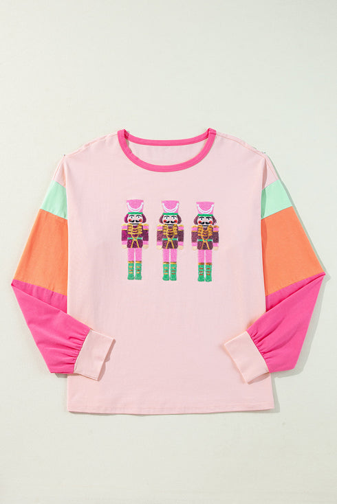 Sequin Nutcracker Graphic Colorblock Long Sleeve Top