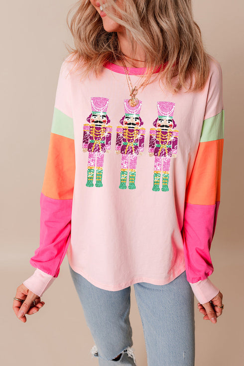 Sequin Nutcracker Graphic Colorblock Long Sleeve Top