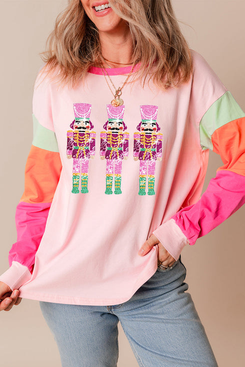 Sequin Nutcracker Graphic Colorblock Long Sleeve Top