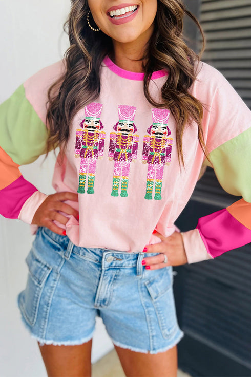 Sequin Nutcracker Graphic Colorblock Long Sleeve Top