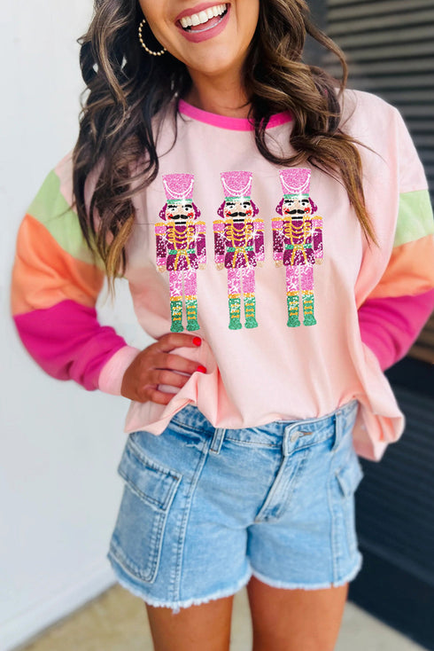 Sequin Nutcracker Graphic Colorblock Long Sleeve Top