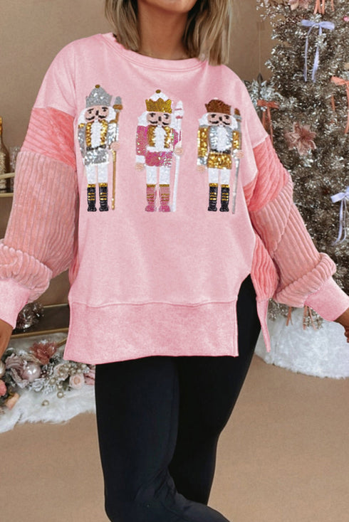 Sequin Nutcracker Patchwork Textured Sleeve Drop Shoulder Crewneck Sweatshirt
