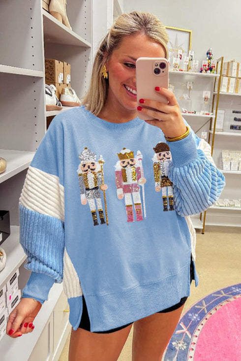 Sequin Nutcracker Patchwork Textured Sleeve Drop Shoulder Crewneck Sweatshirt