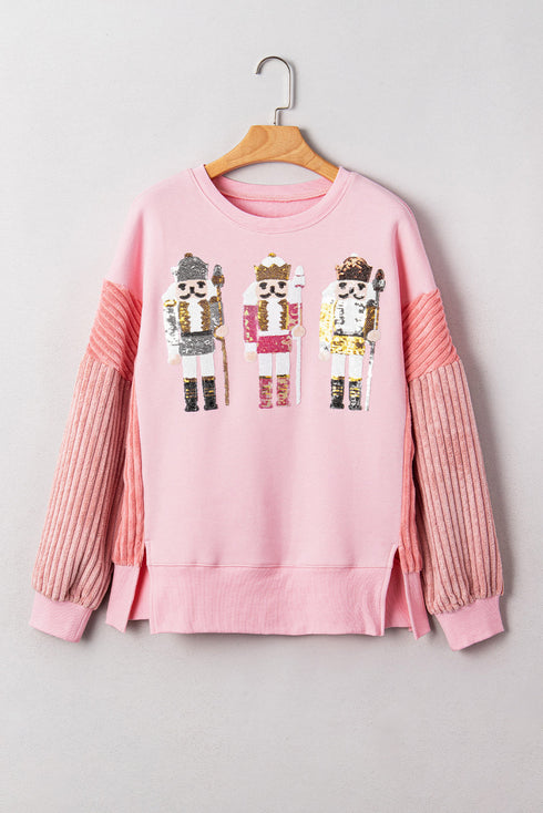 Sequin Nutcracker Patchwork Textured Sleeve Drop Shoulder Crewneck Sweatshirt