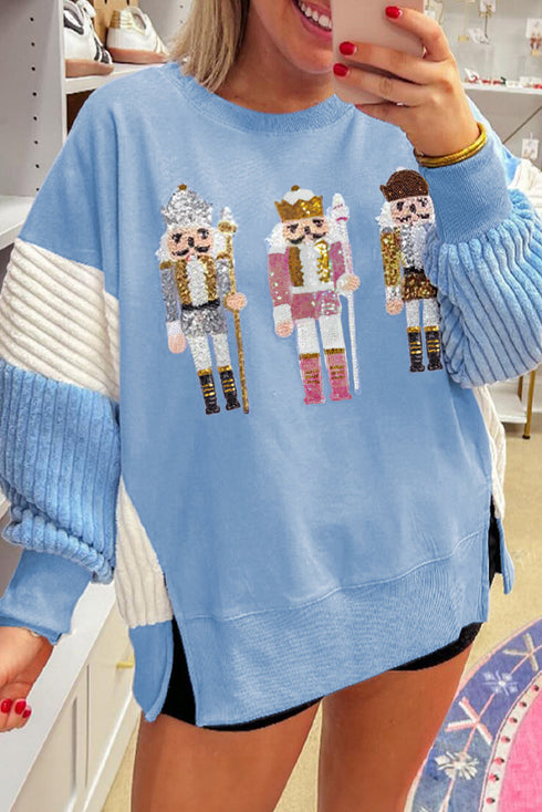 Sequin Nutcracker Patchwork Textured Sleeve Drop Shoulder Crewneck Sweatshirt
