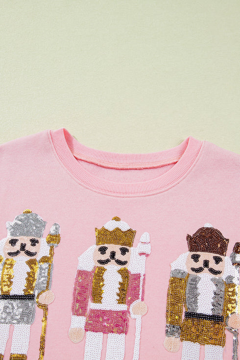 Sequin Nutcracker Patchwork Textured Sleeve Drop Shoulder Crewneck Sweatshirt