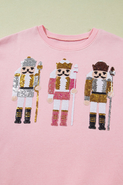 Sequin Nutcracker Patchwork Textured Sleeve Drop Shoulder Crewneck Sweatshirt
