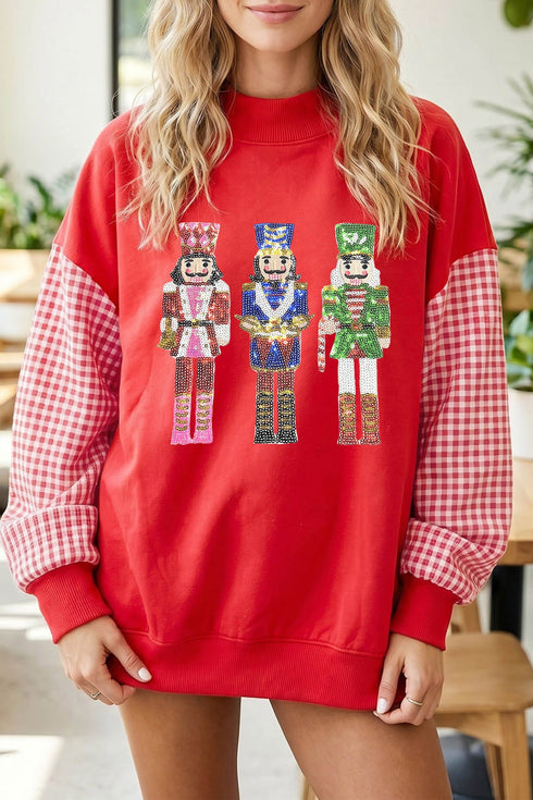 Sequin Nutcracker Plaid Long Sleeve Pullover Graphic Sweatshirt