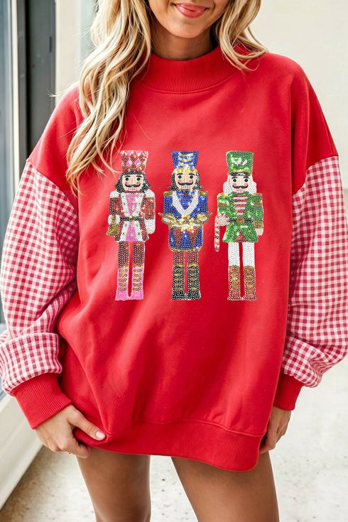 Sequin Nutcracker Plaid Long Sleeve Pullover Graphic Sweatshirt