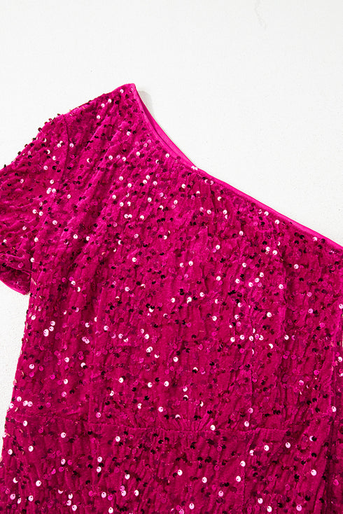 Sequin One Shoulder Thigh High Slit Bodycon Gown