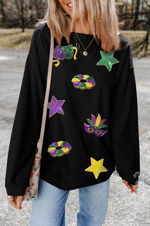 Sequin Patch Corduroy Oversized Crew Neck Pullover