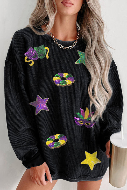 Sequin Patch Corduroy Oversized Crew Neck Pullover