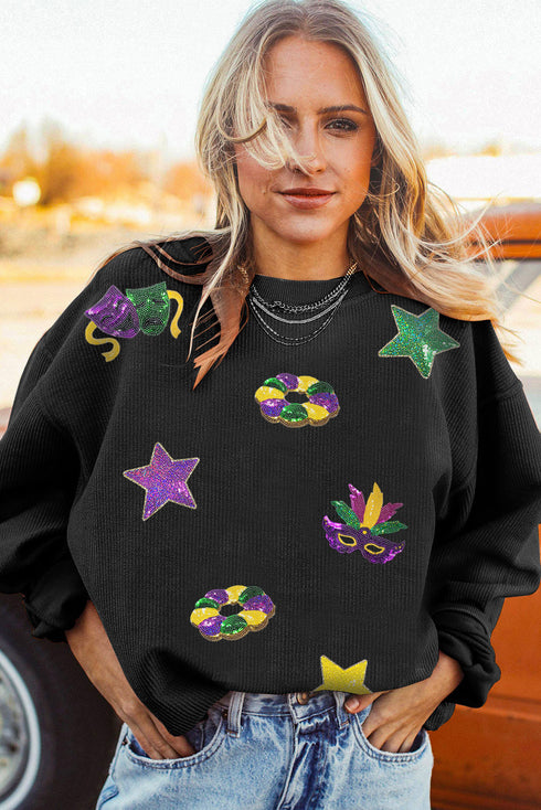 Sequin Patch Corduroy Oversized Crew Neck Pullover
