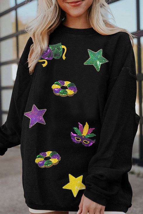 Sequin Patch Corduroy Oversized Crew Neck Pullover