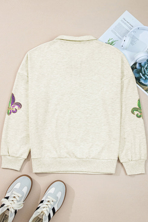 Sequin Patch Embellished Quarter Zip Pullover Sweatshirt