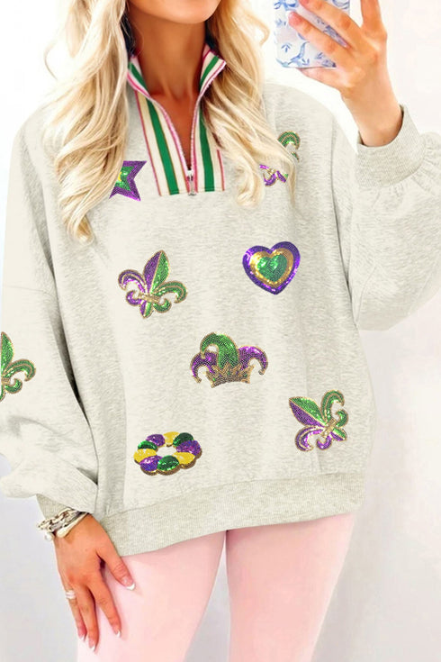 Sequin Patch Embellished Quarter Zip Pullover Sweatshirt