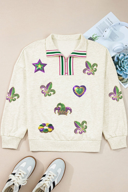 Sequin Patch Embellished Quarter Zip Pullover Sweatshirt