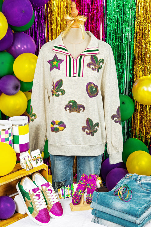 Sequin Patch Embellished Quarter Zip Pullover Sweatshirt