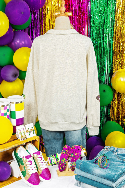 Sequin Patch Embellished Quarter Zip Pullover Sweatshirt