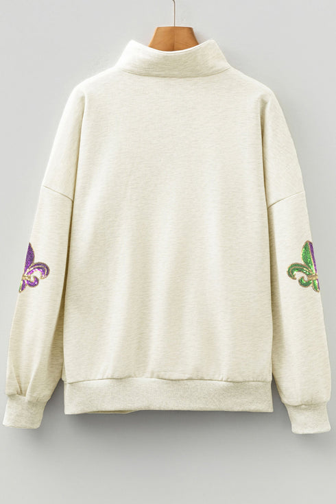 Sequin Patch Embellished Quarter Zip Pullover Sweatshirt