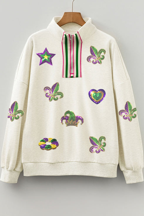 Sequin Patch Embellished Quarter Zip Pullover Sweatshirt