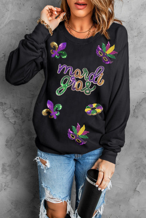 Sequin Patch Graphic Crew Neck Pullover Sweatshirt