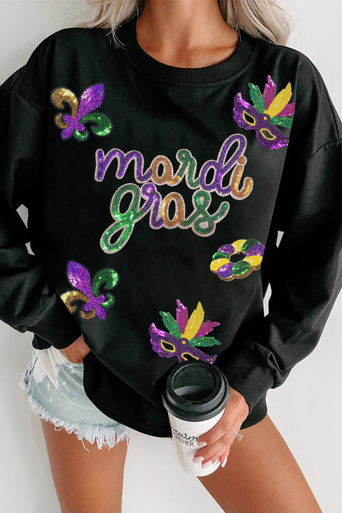 Sequin Patch Graphic Crew Neck Pullover Sweatshirt