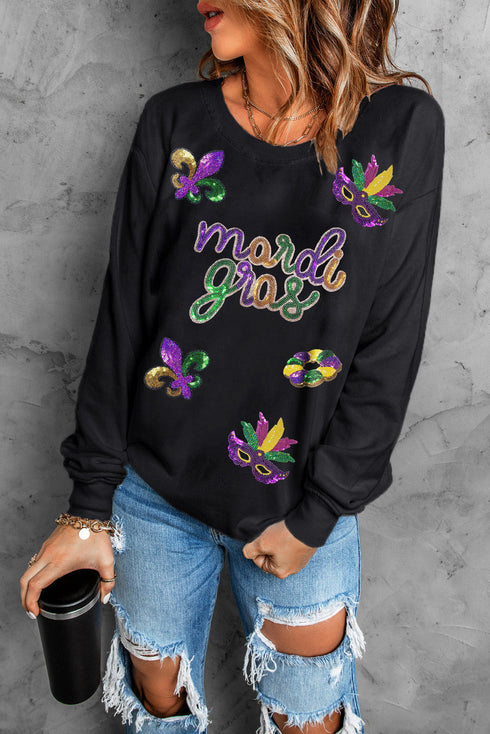 Sequin Patch Graphic Crew Neck Pullover Sweatshirt
