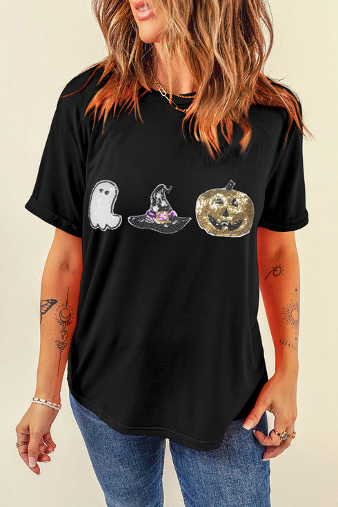Sequin Patch Sleeve Graphic Print Crewneck Tee