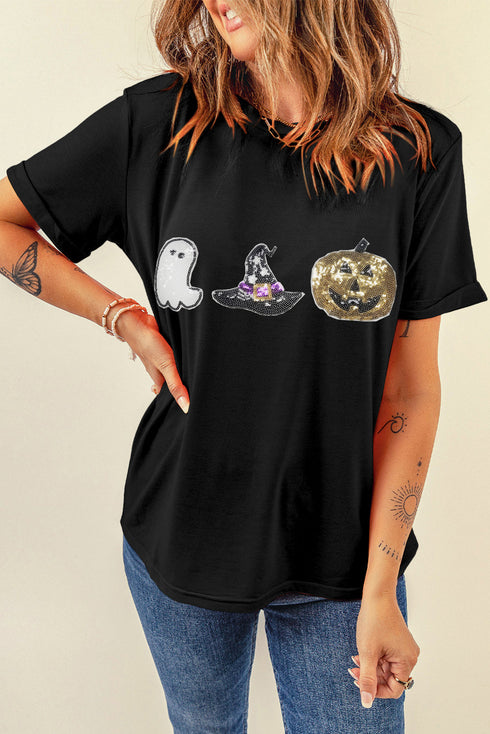 Sequin Patch Sleeve Graphic Print Crewneck Tee