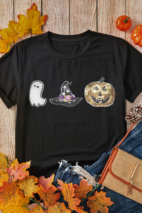 Sequin Patch Sleeve Graphic Print Crewneck Tee