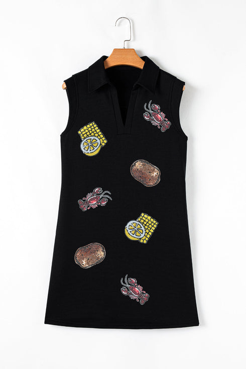 Sequin Patched Collared V Neck Mini Graphic Dress