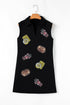 Sequin Patched Collared V Neck Mini Graphic Dress