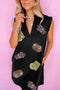 Sequin Patched Collared V Neck Mini Graphic Dress