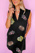Sequin Patched Collared V Neck Mini Graphic Dress