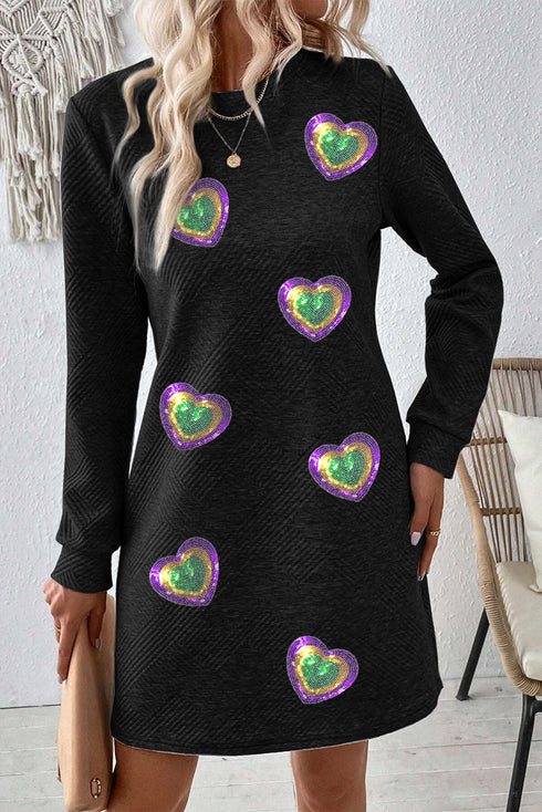 Sequin Patched Heart Textured Long Sleeve Graphic Dress