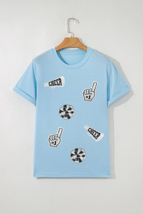 Sequin Patched Letter Graphic Short Sleeve Crew Neck Tee