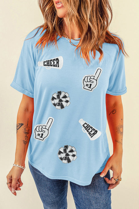 Sequin Patched Letter Graphic Short Sleeve Crew Neck Tee