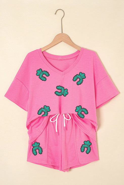 Sequin Patched V Neck Tee Drawstring Shorts Graphic Set