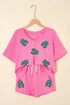 Sequin Patched V Neck Tee Drawstring Shorts Graphic Set