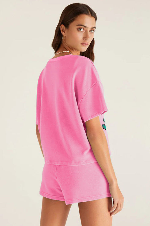Sequin Patched V Neck Tee Drawstring Shorts Graphic Set