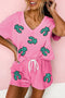Sequin Patched V Neck Tee Drawstring Shorts Graphic Set