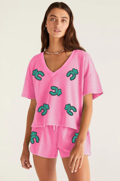 Sequin Patched V Neck Tee Drawstring Shorts Graphic Set