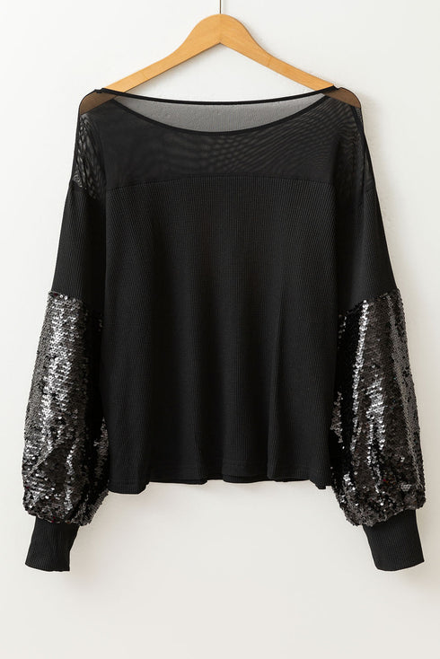 Sequin Patchwork Lantern Sleeve V Neck Southern Blouse