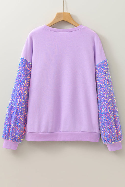 Sequin Patchwork Long Sleeve Relaxed Fit Pullover Top