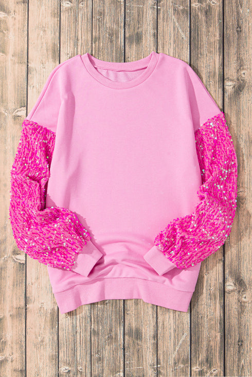 Sequin Patchwork Long Sleeve Relaxed Fit Pullover Top