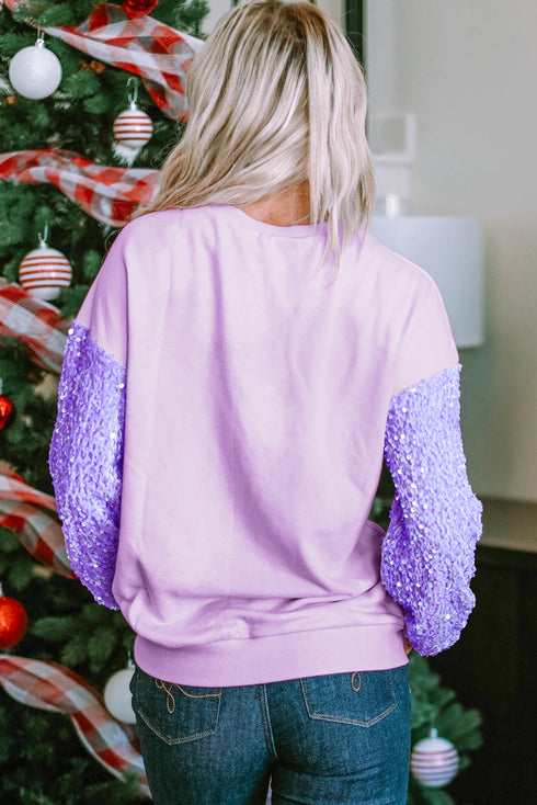 Sequin Patchwork Long Sleeve Relaxed Fit Pullover Top